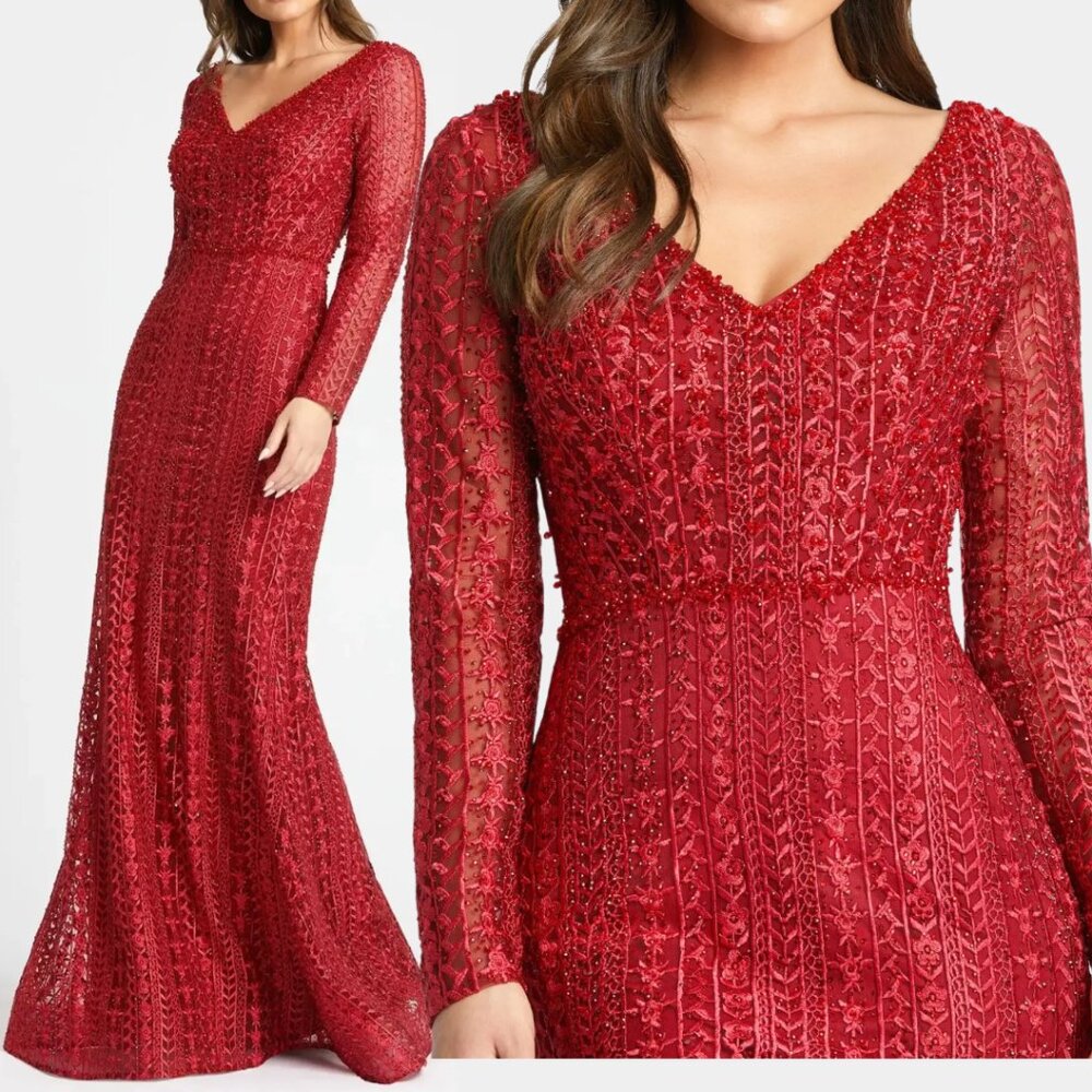 $598 Mac Duggal 20271 Size‎ 18 Red Floral V-Neck Long Sleeve Maxi Gown Dress